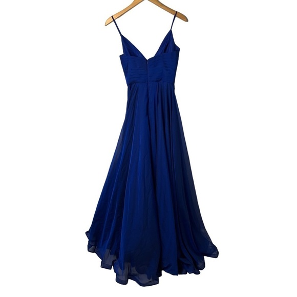 La Femme Pleated Bodice V Neck Chiffon Dress Gown Blue Size 0 Leg Slit Faux Wrap - Picture 5 of 9
